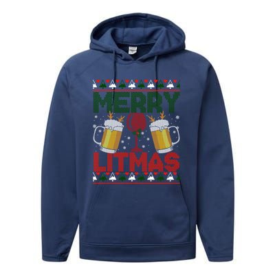 Merry Litmas Ugly Wine Beer Christmas Ugly Xmas Sweater Gift Performance Fleece Hoodie