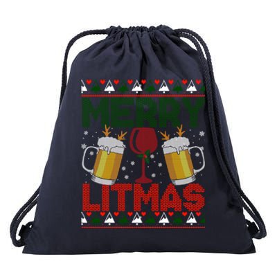 Merry Litmas Ugly Wine Beer Christmas Ugly Xmas Sweater Gift Drawstring Bag