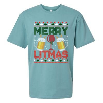 Merry Litmas Ugly Wine Beer Christmas Ugly Xmas Sweater Gift Sueded Cloud Jersey T-Shirt