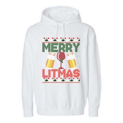 Merry Litmas Ugly Wine Beer Christmas Ugly Xmas Sweater Gift Garment-Dyed Fleece Hoodie