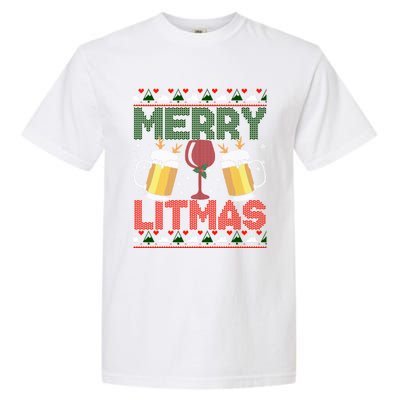 Merry Litmas Ugly Wine Beer Christmas Ugly Xmas Sweater Gift Garment-Dyed Heavyweight T-Shirt