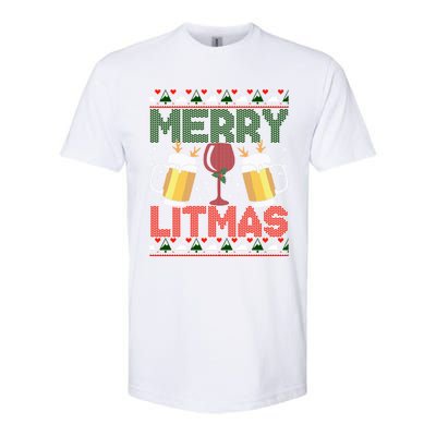 Merry Litmas Ugly Wine Beer Christmas Ugly Xmas Sweater Gift Softstyle CVC T-Shirt