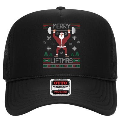 Merry Liftmas Ugly Christmas Sweater Gym Workout High Crown Mesh Back Trucker Hat