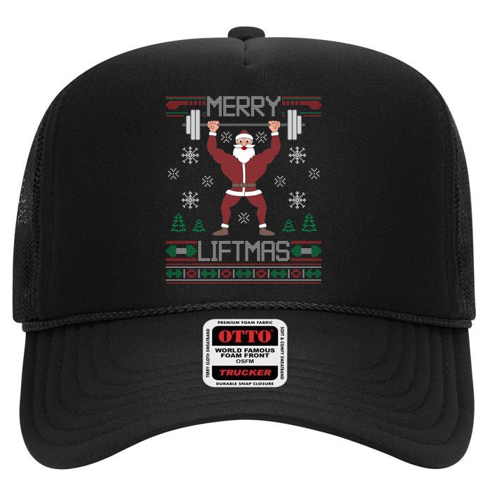 Merry Liftmas Ugly Christmas Sweater Gym Workout High Crown Mesh Back Trucker Hat