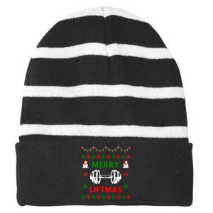 Merry Liftmas Ugly Christmas Sweater Gym Gift Striped Beanie with Solid Band