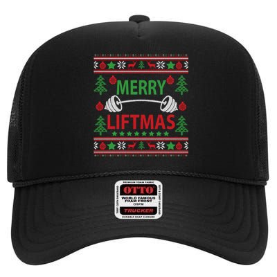 Merry Liftmas Ugly Christmas Sweater Gym Workout High Crown Mesh Back Trucker Hat