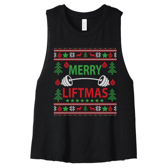 Merry Liftmas Ugly Christmas Sweater Gym Workout Women's Racerback Cropped Tank