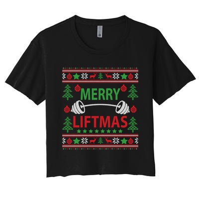 Merry Liftmas Ugly Christmas Sweater Gym Workout Women's Crop Top Tee