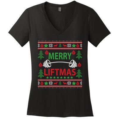 Merry Liftmas Ugly Christmas Sweater Gym Workout Women's V-Neck T-Shirt