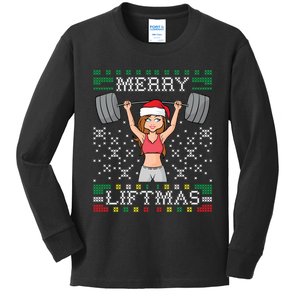 Merry Liftmas Ugly Christmas Sweater Miss Santa Gym Workout Kids Long Sleeve Shirt