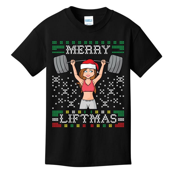 Merry Liftmas Ugly Christmas Sweater Miss Santa Gym Workout Kids T-Shirt