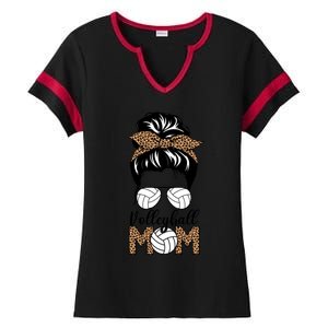 Mom Life Volleyball Messy Bun Hair Leopard Print Volleyball Gift Ladies Halftime Notch Neck Tee