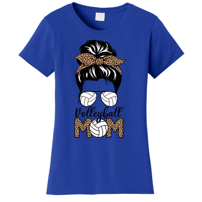 Mom Life Volleyball Messy Bun Hair Leopard Print Volleyball Gift Women's T-Shirt