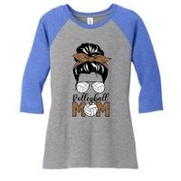 Mom Life Volleyball Messy Bun Hair Leopard Print Volleyball Gift Women's Tri-Blend 3/4-Sleeve Raglan Shirt