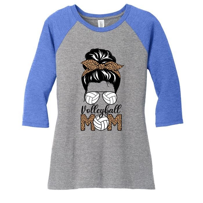 Mom Life Volleyball Messy Bun Hair Leopard Print Volleyball Gift Women's Tri-Blend 3/4-Sleeve Raglan Shirt