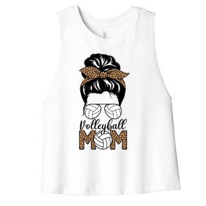 Mom Life Volleyball Messy Bun Hair Leopard Print Volleyball Gift Women's Racerback Cropped Tank