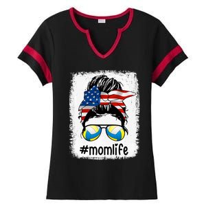 Mom Life Volleyball Mom American Flag Messy Bun Gift Ladies Halftime Notch Neck Tee