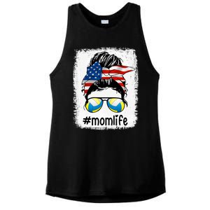 Mom Life Volleyball Mom American Flag Messy Bun Gift Ladies PosiCharge Tri-Blend Wicking Tank