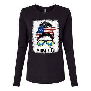 Mom Life Volleyball Mom American Flag Messy Bun Gift Womens Cotton Relaxed Long Sleeve T-Shirt