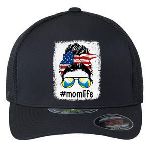 Mom Life Volleyball Mom American Flag Messy Bun Gift Flexfit Unipanel Trucker Cap