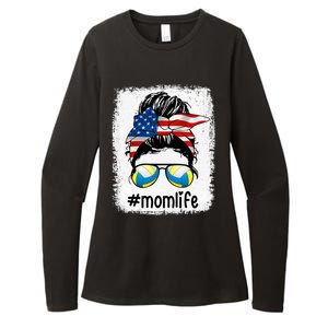 Mom Life Volleyball Mom American Flag Messy Bun Gift Womens CVC Long Sleeve Shirt