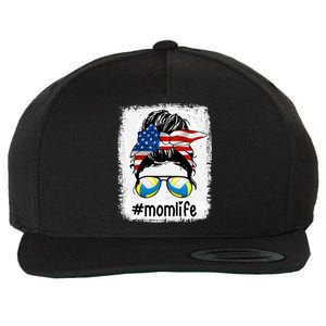 Mom Life Volleyball Mom American Flag Messy Bun Gift Wool Snapback Cap