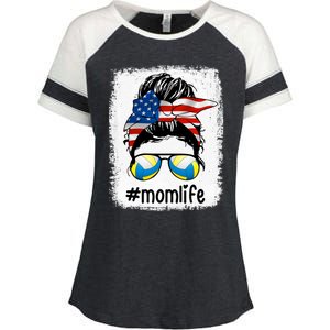 Mom Life Volleyball Mom American Flag Messy Bun Gift Enza Ladies Jersey Colorblock Tee