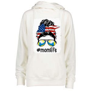 Mom Life Volleyball Mom American Flag Messy Bun Gift Womens Funnel Neck Pullover Hood