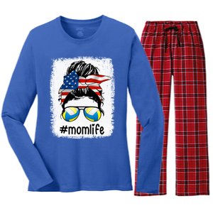 Mom Life Volleyball Mom American Flag Messy Bun Gift Women's Long Sleeve Flannel Pajama Set 