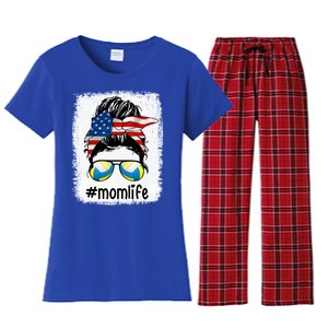 Mom Life Volleyball Mom American Flag Messy Bun Gift Women's Flannel Pajama Set