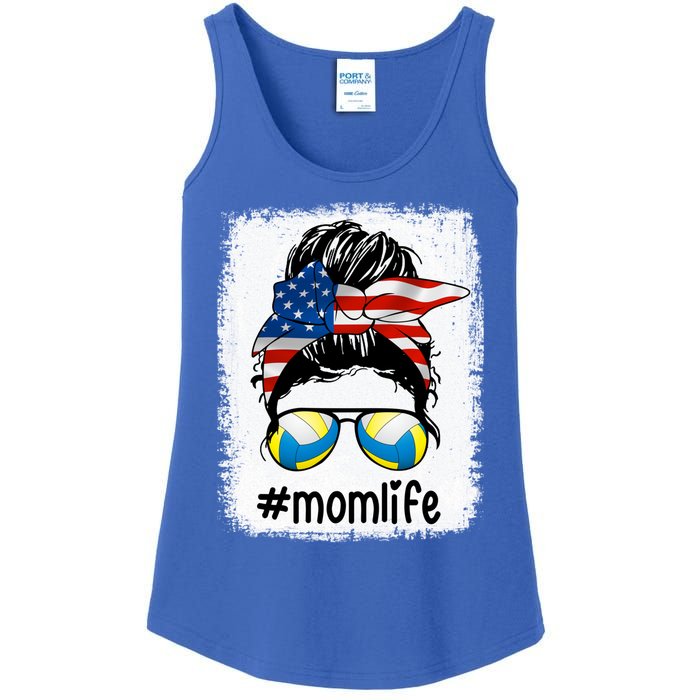 Mom Life Volleyball Mom American Flag Messy Bun Gift Ladies Essential Tank