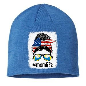 Mom Life Volleyball Mom American Flag Messy Bun Gift Sustainable Beanie