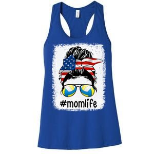 Mom Life Volleyball Mom American Flag Messy Bun Gift Women's Racerback Tank