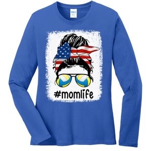 Mom Life Volleyball Mom American Flag Messy Bun Gift Ladies Long Sleeve Shirt