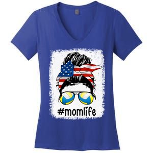 Mom Life Volleyball Mom American Flag Messy Bun Gift Women's V-Neck T-Shirt