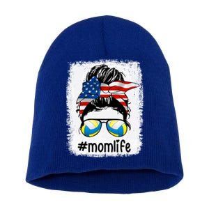 Mom Life Volleyball Mom American Flag Messy Bun Gift Short Acrylic Beanie