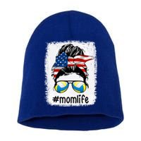 Mom Life Volleyball Mom American Flag Messy Bun Gift Short Acrylic Beanie