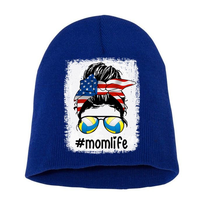 Mom Life Volleyball Mom American Flag Messy Bun Gift Short Acrylic Beanie