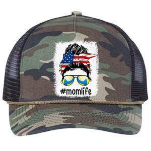 Mom Life Volleyball Mom American Flag Messy Bun Gift Retro Rope Trucker Hat Cap