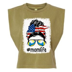 Mom Life Volleyball Mom American Flag Messy Bun Gift Garment-Dyed Women's Muscle Tee