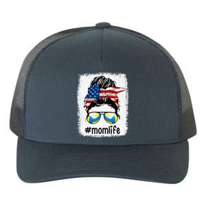 Mom Life Volleyball Mom American Flag Messy Bun Gift Yupoong Adult 5-Panel Trucker Hat