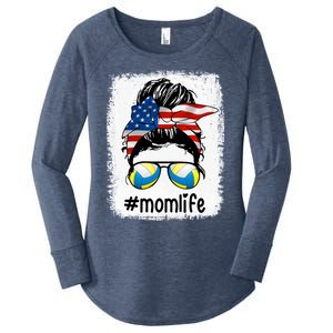 Mom Life Volleyball Mom American Flag Messy Bun Gift Women's Perfect Tri Tunic Long Sleeve Shirt