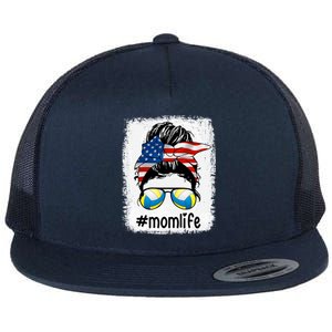 Mom Life Volleyball Mom American Flag Messy Bun Gift Flat Bill Trucker Hat