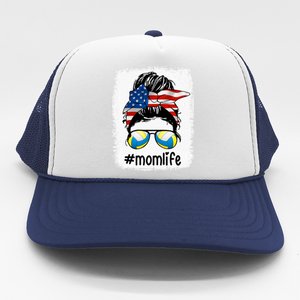 Mom Life Volleyball Mom American Flag Messy Bun Gift Trucker Hat