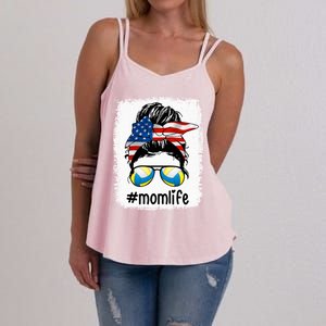 Mom Life Volleyball Mom American Flag Messy Bun Gift Women's Strappy Tank