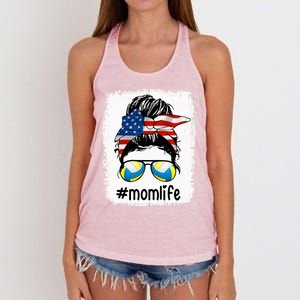 Mom Life Volleyball Mom American Flag Messy Bun Gift Women's Knotted Racerback Tank