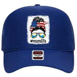 Mom Life Volleyball Mom American Flag Messy Bun Gift High Crown Mesh Back Trucker Hat