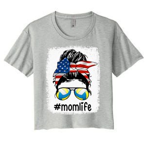 Mom Life Volleyball Mom American Flag Messy Bun Gift Women's Crop Top Tee