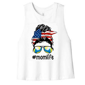 Mom Life Volleyball Mom American Flag Messy Bun Gift Women's Racerback Cropped Tank