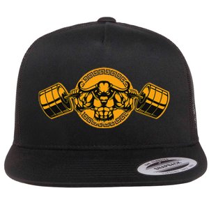 Minotaur Lifts Weights Fitness Workout At Gym Minotaur Flat Bill Trucker Hat